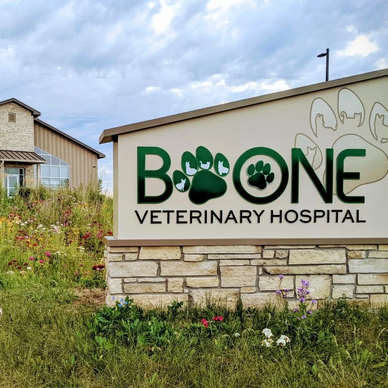 The Boone Veterinary Hospital sign surrounded by wildflowers with the clinic building